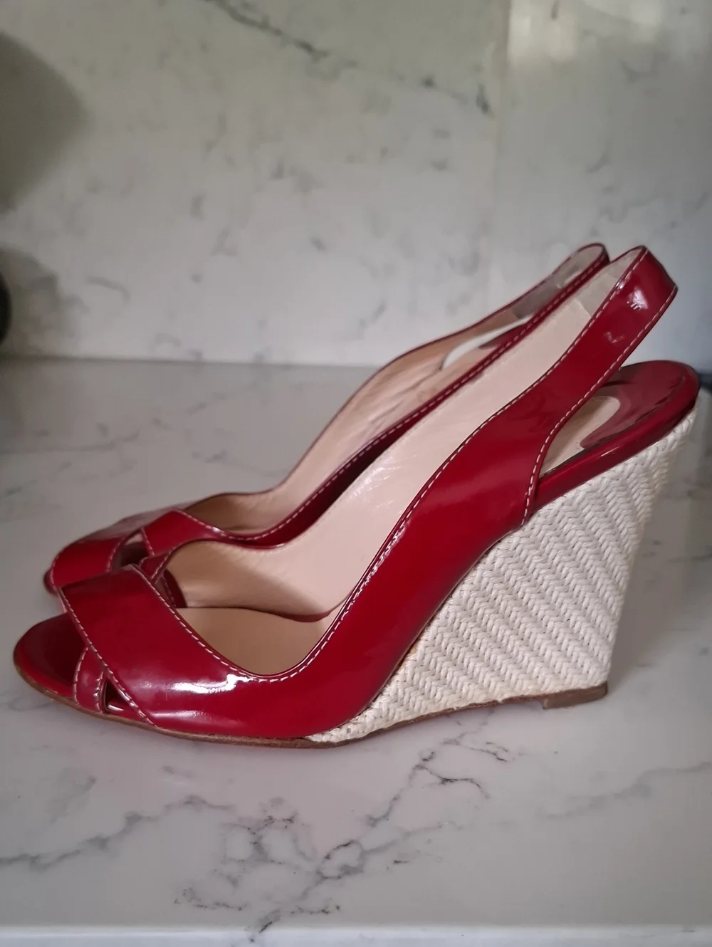Christian Louboutin Red Patent Leather Wedge Slingback Sandals